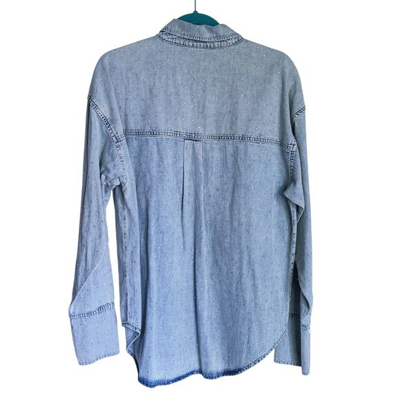 Good American Rhinestone Denim Button Up Shirt Chambray Small Disco Cowgirl Fall - Picture 8 of 11